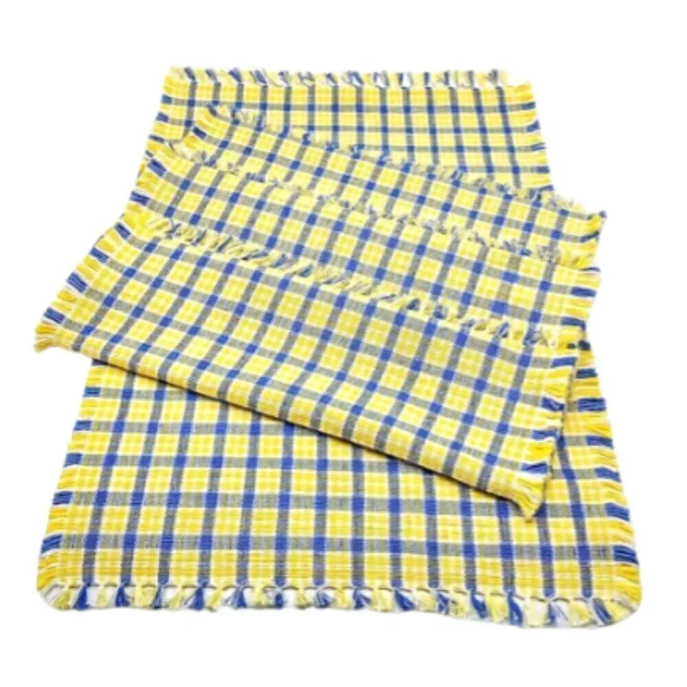 Set of 4 Blue Yellow Plaid Check Fringed Cotton Placemats